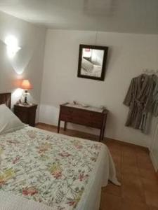 a bedroom with a bed and a table and a mirror at Le Térébinthe B&B in Lauris