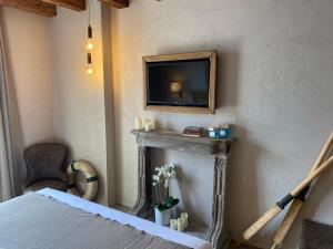 Oliveto Lario的住宿－Al Molo 5 - Lake Front，一间卧室配有一张床、一台电视和一个壁炉