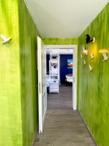 Cette chambre est dotée de murs verts et d'un couloir. dans l'établissement Entzückende Garconniere im Herzen Spittals, à Spittal an der Drau