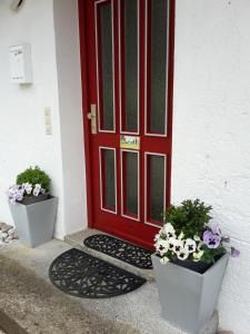 eine rote Tür mit zwei Topfpflanzen davor in der Unterkunft Ferienwohnung-Apartement- Irger in Marquartstein
