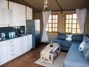 a living room with a blue couch and a kitchen at Jabula Bush Camp in Klipdrift