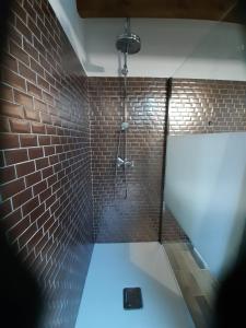 a bathroom with a shower with a brick wall at Casa Santa in Calvi
