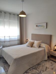 sypialnia z dużym łóżkiem i dużym oknem w obiekcie Apartamento Amplio, Séneca 3B junto al Centro w Maladze