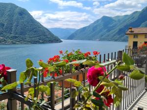 a view of a lake from a balcony with flowers at Colonno Panoramica Lago Di Como in Colonno