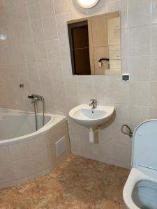 een badkamer met een wastafel en een bad bij Apartmanový byt v priemyselnej zóne in Vranov nad Topľou