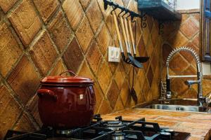 a red tea kettle on a stove in a kitchen at CASA RURAL EL TRANCO DEL LOBO in Casas de Ves