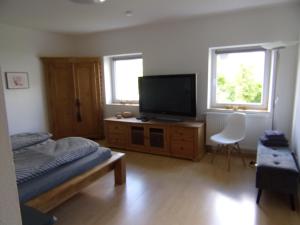 a bedroom with a bed and a flat screen tv at Stadthaus Kaufbeuren in Kaufbeuren