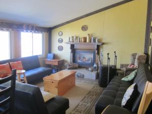 sala de estar con sofá y chimenea en Salmon River Country Inn en Head of Jeddore