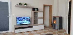 a living room with a flat screen tv on a entertainment center at Ferienwohnung Kell am See in Kell