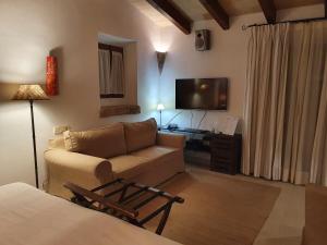 a living room with a couch and a flat screen tv at Agroturisme Na Martina in Portopetro