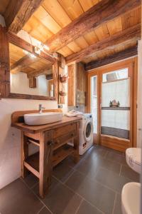 a bathroom with a sink and a washing machine at Baita di charme con vista meravigliosa in Verrayes