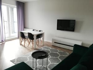 Televízia a/alebo spoločenská miestnosť v ubytovaní Apartament Szmaragdowy