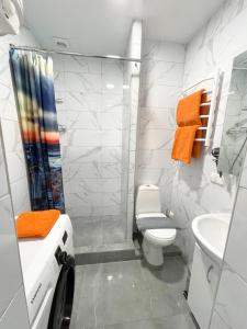 ein Bad mit einem WC, einem Waschbecken und einer Dusche in der Unterkunft Apartment Studio New York 45 in Irpin