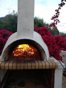 a brick oven with a fire inside of it at Hotel Theasis in Paralía Sergoúlas