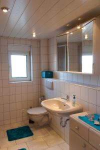 ein Badezimmer mit einem Waschbecken, einem WC und einem Spiegel in der Unterkunft Ferienwohnung Schwarzkollm in Hoyerswerda