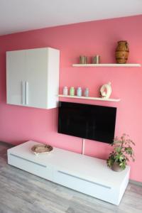 a living room with a tv on a pink wall at Ferienwohnung Schwarzkollm in Hoyerswerda