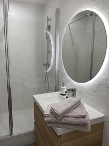 a bathroom with a sink and a mirror and a shower at My Pad Provence 7 in Avignon