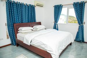 a bedroom with a bed with blue curtains and a window at St Georges Height in Accra