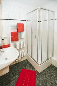 a white bathroom with a shower and a sink at Schultes Landhaus in Delbrück