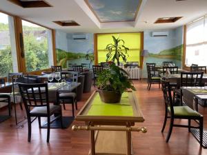 un restaurant avec des tables et des chaises et une plante en pot dans l'établissement HOTEL L'AMERIVIERE***, à Aubrives