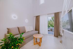 uma sala de estar com um sofá e uma mesa em Alion apartments em Prinos