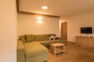 Una sala de estar con un sofá verde y un televisor. en Apartments Christa App Zirm, en Ortisei
