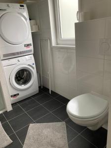 ein Badezimmer mit einer Waschmaschine und einem WC in der Unterkunft Haus Moseltraum in Koblenz