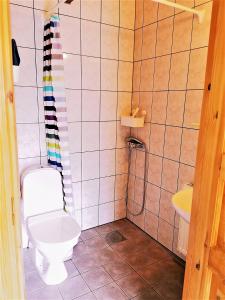 a small bathroom with a toilet and a sink at Villa Beddingestrand in Beddinge Strand