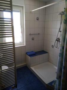 a bathroom with a tub and a shower with a window at Ferienwohnung Lindeneck in Neusitz