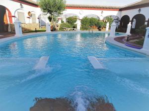 a swimming pool in a building with blue water at Casa D Mis Dos Gitanillas in Córdoba