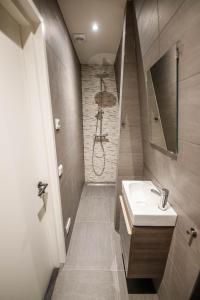 La salle de bains est pourvue d'un lavabo et d'une douche. dans l'établissement Deluxe 35m2 City Center Suite - with Views, à Bois-le-Duc