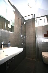 Un baño con ducha, lavabo e inodoro. en Überlinger See-Apartments Apartment 10 Über-See, en Überlingen