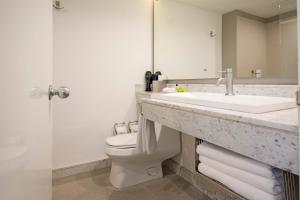 a bathroom with a sink and a toilet and a mirror at Presidente InterContinental Guadalajara by IHG in Guadalajara