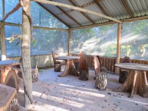 Conhuas的住宿－Cabañas Calakmul，一组桌子和椅子,放在帐篷里