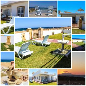 a collage of photos with chairs and the beach at Villa Island Zembra in El Haouaria