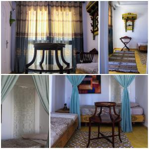 uma colagem de fotografias de um quarto com uma cama e uma mesa em Villa Island Zembra em El Haouaria