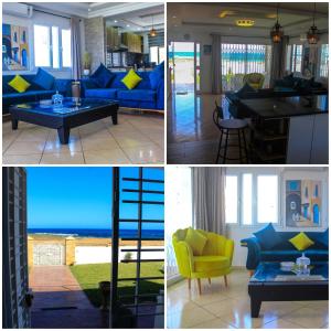 four pictures of a living room with a blue couch at Villa Island Zembra in El Haouaria