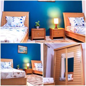 two pictures of a bedroom with a bed and a mirror at Villa Island Zembra in El Haouaria