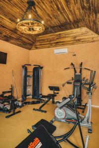 a gym with several exercise bikes and a chandelier at Ribarski konaci in Doboj