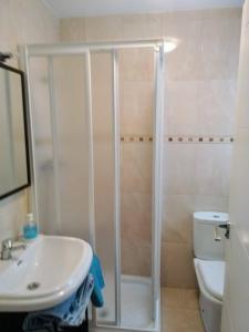 een badkamer met een douche, een wastafel en een toilet bij Apartamento grande centrico in Antequera