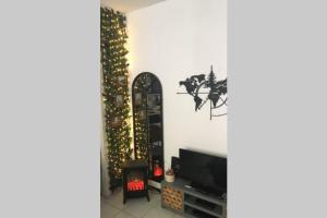 uma sala de estar com televisão e uma árvore de Natal em Cocon de la Vallée d'Ossau , Véritable Havre de paix - 4 à 6 pers em Eaux-Bonnes