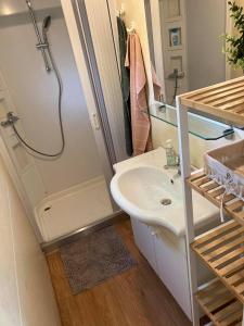 a small bathroom with a sink and a shower at Hama Mobilehome Grado in Grado
