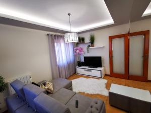 een woonkamer met een bank en een tv bij Vagueira casa férias in Aveiro