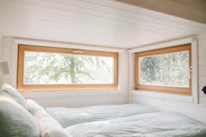 a small room with two windows and a bed at Tiny House, Kleinod im Grünen in Emstek