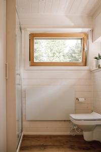 a bathroom with a toilet and a window at Tiny House, Kleinod im Grünen in Emstek