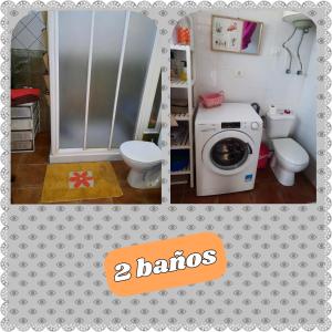 2 fotografias de uma casa de banho com WC e máquina de lavar roupa em MI CUMANESA em Jerez de la Frontera