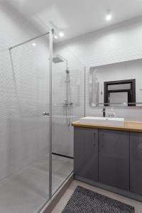 a bathroom with a shower and a sink at White Apartments in Odesa