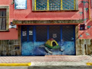 a door with a painting of a skeleton on it at The Roof Backpackers in Guadalajara
