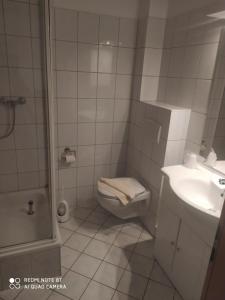 y baño con aseo, lavabo y ducha. en ALTE MOLKEREI Wolgast en Wolgast