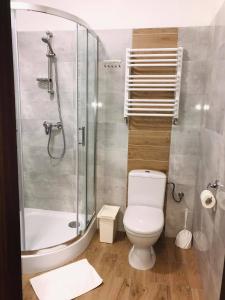 a bathroom with a shower and a white toilet at Astral in Raszyn